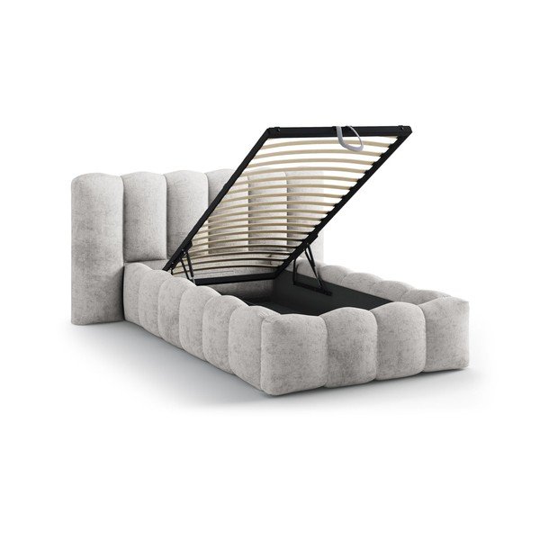Pelēka polsterēta vienvietīga gulta ar veļas kasti un redelēm 90x200 cm Lupine – Micadoni -image-1