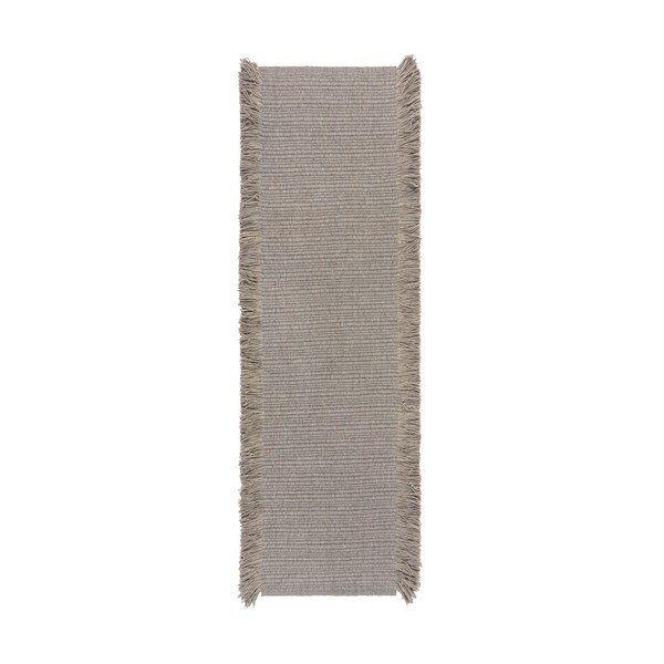 Pelēks ar rokām darināts celiņa paklājs no vilnas maisījuma 60x230 cm Rene Fringed Ribbed – Flair Rugs
