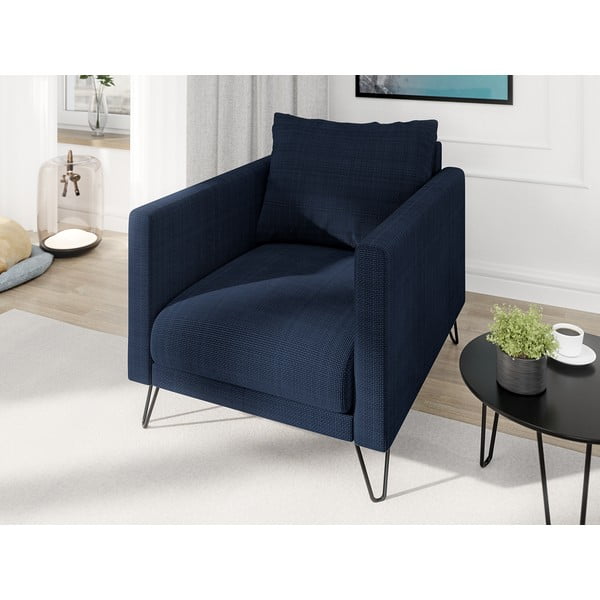 Tumši zils atpūtas krēsls no šenila auduma Freya – Ropez-image-3