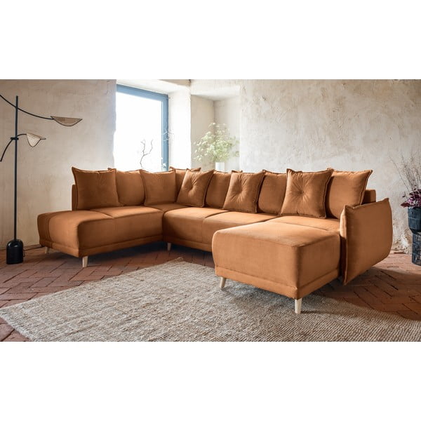 Ķieģeļu sarkans velveta salokāms stūra dīvāns (ar kreiso stūri/U veida) Lazy Lukka – Miuform-image-3