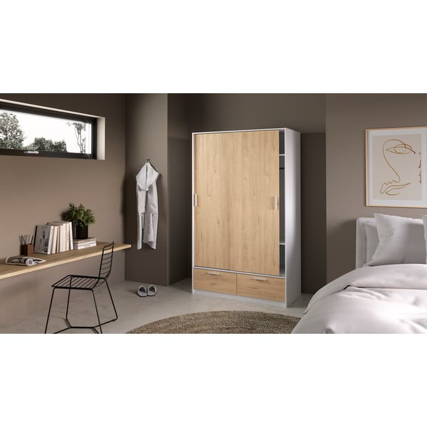 Balts/dabīga toņa drēbju skapis ar ozolkoka imitāciju ar bīdāmām durvīm 121x200 cm Line – Tvilum-image-1