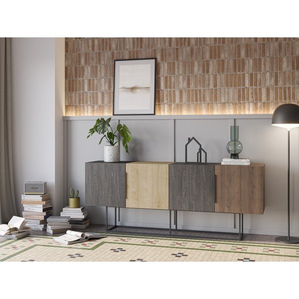 Brūna/dabīga toņa zema kumode ar ozolkoka imitāciju 200x80 cm Titan – Marckeric-image-1