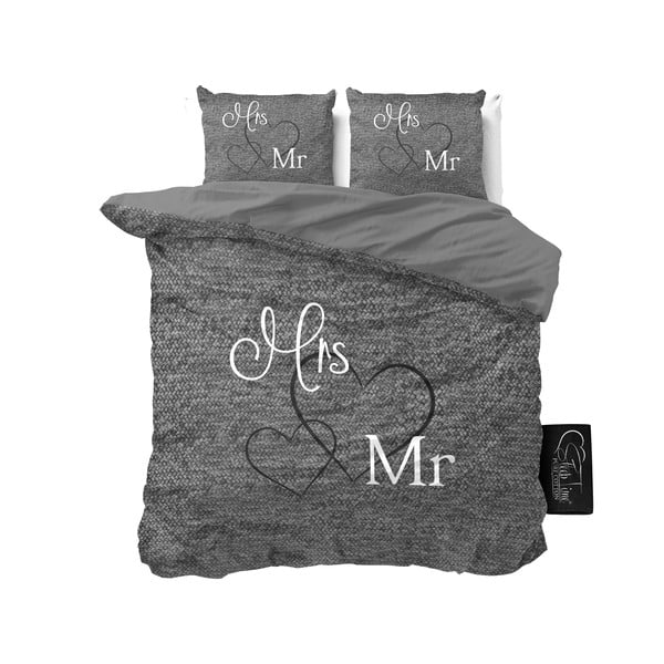 Antracīta pelēka kokvilnas divguļamā gultasveļa Pure Cotton Mr and Mrs, 200 x 200 cm