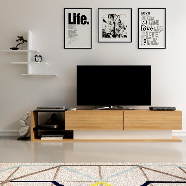 Balts/dabīga toņa TV plauktu komplekts no eksotiska koka imitācijas 180x40 cm Liza – Kalune Design-image-3