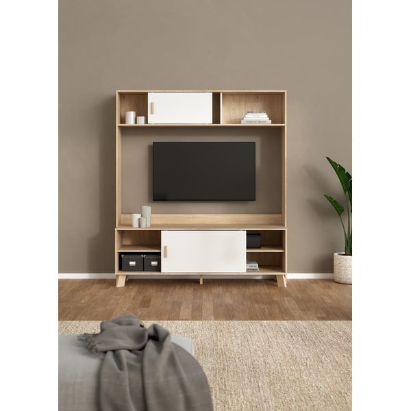 Balts/dabīga toņa TV plauktu komplekts ar ozolkoka imitāciju 159x181x48 cm Ikast – Tvilum-image-2