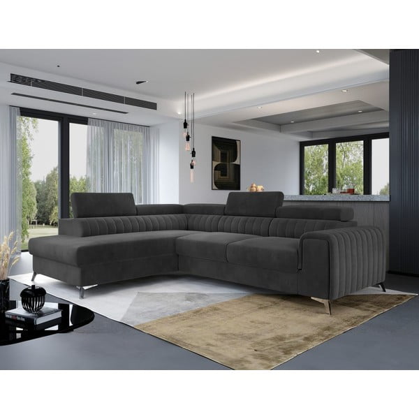Tumši pelēks samta salokāms/ar uzglabāšanas vietu stūra dīvāns (ar kreiso stūri/L veida) Laurence – ELTAP-image-1