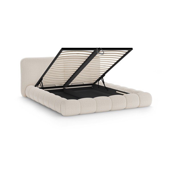 Bēša polsterēta divvietīga gulta ar veļas kasti un redelēm 200x200 cm Solange – Micadoni -image-2