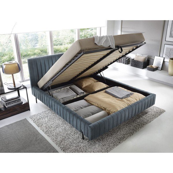 Zila polsterēta divvietīga gulta ar veļas kasti un ar redelēm 160x200 cm Plissa – ELTAP-image-2