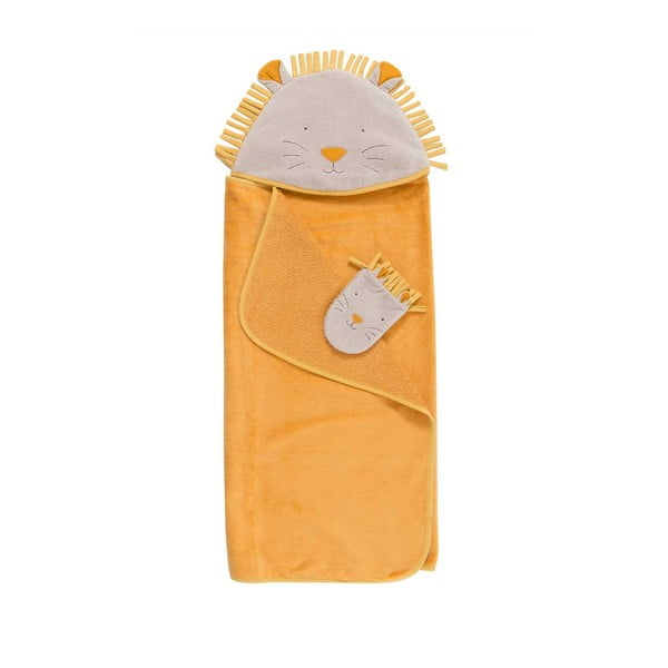 Dzeltens kokvilnas dvieļu komplekts ar kapuci un mazgāšanās lupatiņu mazuļiem 80x114 cm Sous mon Baobab – Moulin Roty-image-2