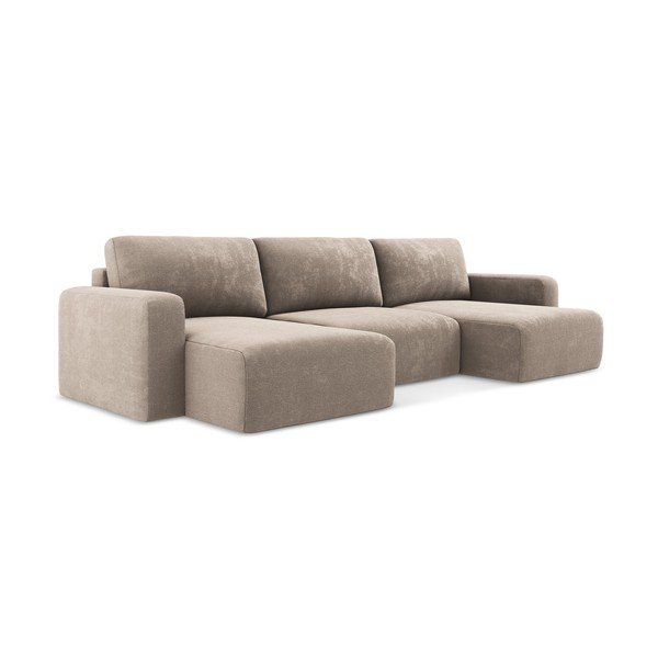 Bēšs salokāms (U veida) stūra dīvāns no šenila auduma ar uzglabāšanas vietu Kona – Makamii-image-2