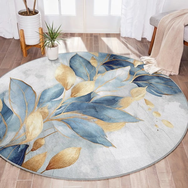 Zils/zelta krāsas mazgājams apaļš paklājs ø 100 cm Golden Leaves – Mila Home-image-1
