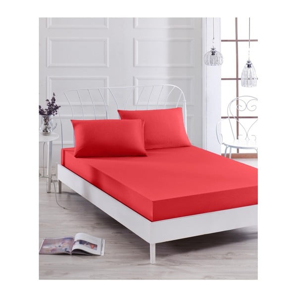 Sarkana elastīga gultas pārklājiņa un spilvendrānas komplekts vienvietīgai gultai Basso Rojo, 100 x 200 cm