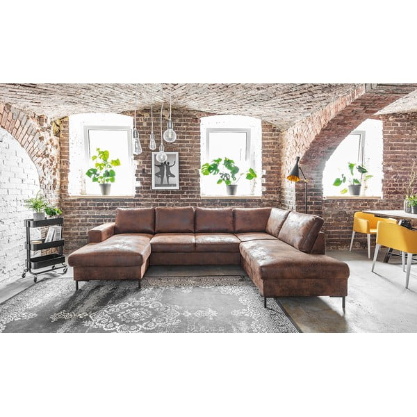 Brūns izlaižams U-veida dīvāns no ādas imitācijas Miuform Lofty Lilly Vintage, labais stūris-image-1