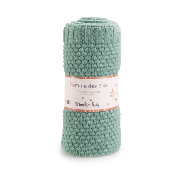 Zaļa adīta bērnu sega no jauktas šķiedras 75x86 cm Pomme des Bois – Moulin Roty-image-1