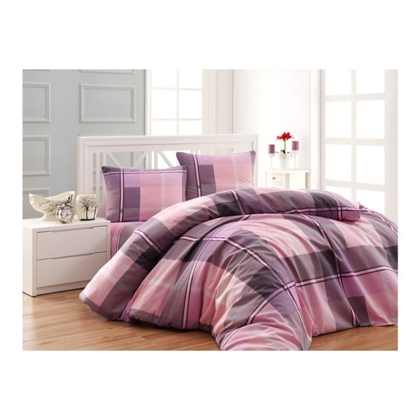 Violeta un rozā vienvietīgas gultas pārklājs no ranforce kokvilnas Checkers, 160 x 220 cm