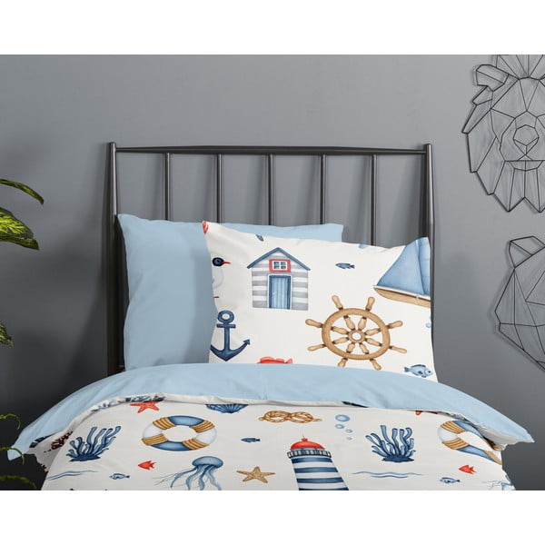 Zila/krēmkrāsas kokvilnas bērnu gultas veļa 100x135 cm Ahoy – Good Morning-image-2