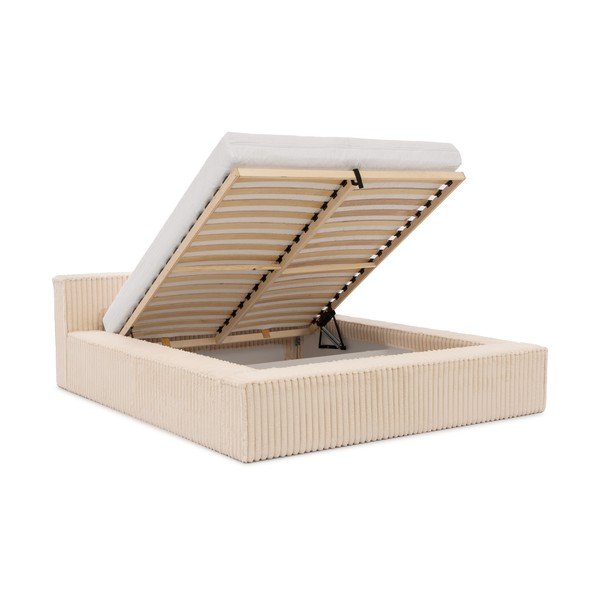 Bēša polsterēta divvietīga gulta ar veļas kasti un redelēm 160x200 cm Cloe – Ropez-image-2