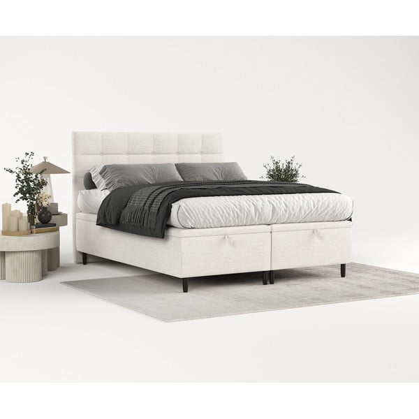 Krēmkrāsas polsterēta divvietīga gulta ar veļas kasti 140x200 cm Senses – Maison de Rêve-image-1