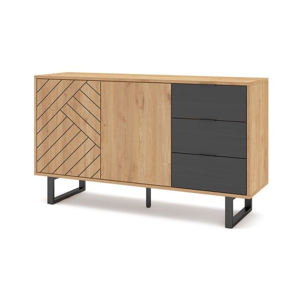 Antracīta pelēka/dabīga toņa zema kumode ar ozolkoka imitāciju 140x80 cm Madona – Marckeric-image-3