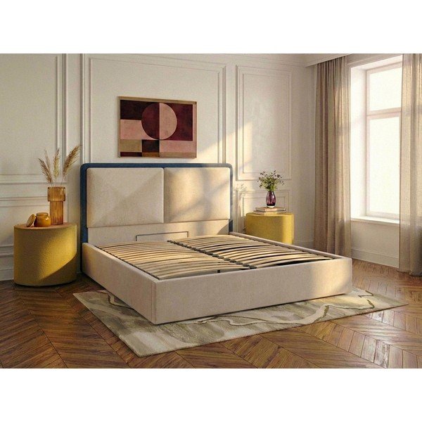 Zila/bēša polsterēta divvietīga gulta ar veļas kasti ar redelēm 180x200 cm Mara – Bobochic Paris-image-2