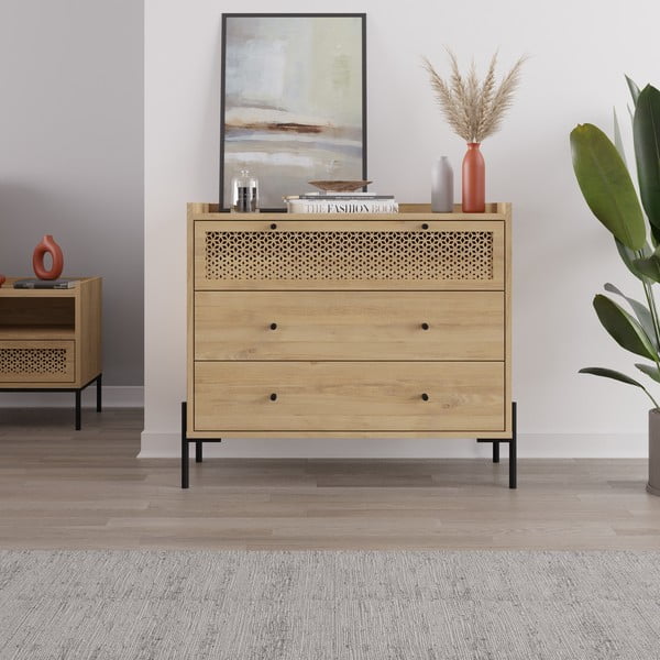 Dabīga toņa zema kumode ar ozolkoka imitāciju 90x80 cm Mayra – Marckeric-image-1