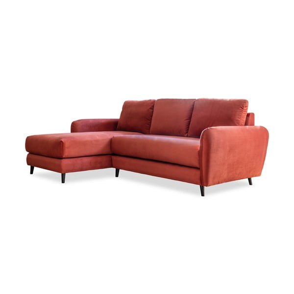 Koraļļu sarkans samta stūra dīvāns ar kāju soliņu Miuform Cozy Claire, kreisais stūris