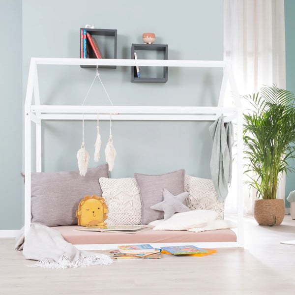 Balta priedes masīvkoka bērnu gulta mājas formā ar matraci/bez režģa 70x140 cm House Bed – Roba-image-3
