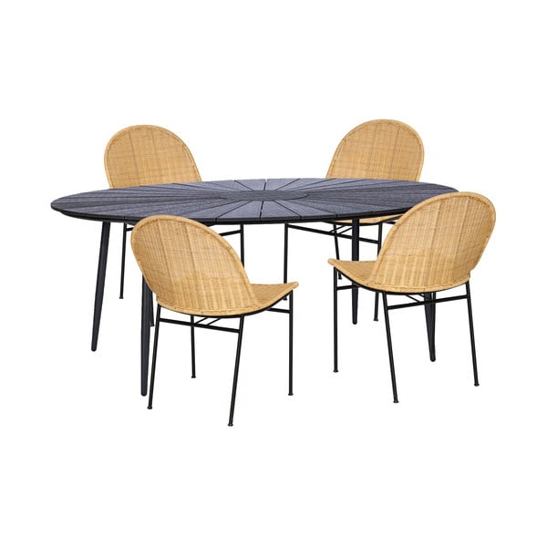 Rotangpalmas ēdamistabas krēslu Sofia (4 gab.) un melna galda Marienlis komplekts – Bonami Essentials