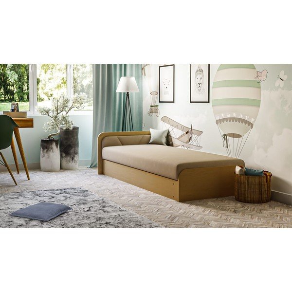 Okera dzeltena/bēša polsterēta/no skaidu plāksnēm vienvietīga gulta ar veļas kasti un ar matraci 80x190 cm Parys – ELTAP-image-1