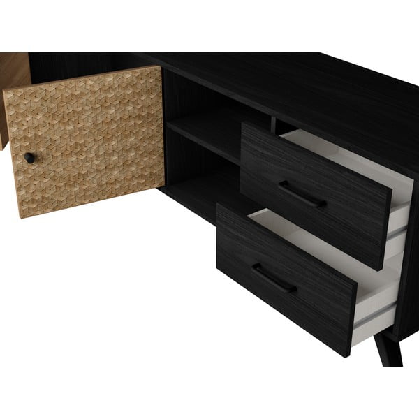 Melns TV galdiņš ar eksotiskā koka imitāciju 181x53 cm Hanoi – Marckeric-image-1