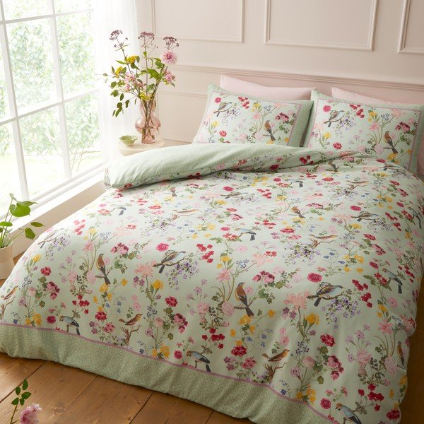 Zaļa divguļamā/īpaši gara trīsdaļīga gultas veļa 230x220 cm Birds In Bloom – RHS-image-3