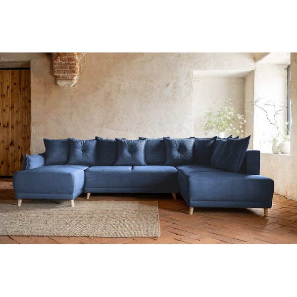Tumši zils velveta salokāms stūra dīvāns (ar labo stūri/U veida) Lazy Lukka – Miuform-image-1