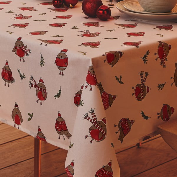 Kokvilnas galdauts ar Ziemassvētku motīvu 137x229 cm Christmas Robins – Catherine Lansfield