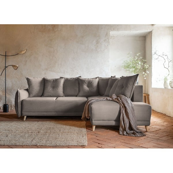 Gaiši brūns velveta salokāms stūra dīvāns (ar labo stūri) Lazy Lukka – Miuform-image-3