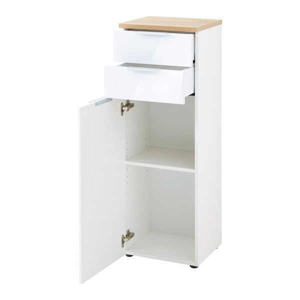 Balts dabīga toņa augsts vannas istabas skapītis ar ozolkoka imitāciju 39x112 cm Pescara – Germania-image-3