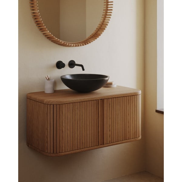 Dabīga toņa piekarams skapītis zem izlietnes ar oškoka imitāciju 90x40 cm Mailen – Kave Home-image-1