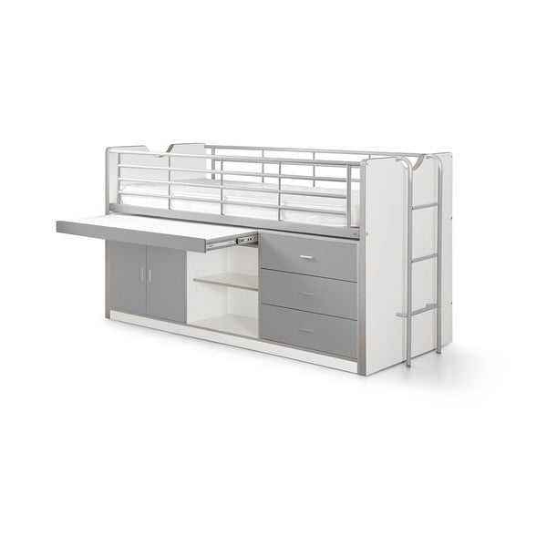 Balta/pelēka paaugstināta bērnu gulta ar veļas kasti un redelēm 90x200 cm Bonny – Vipack