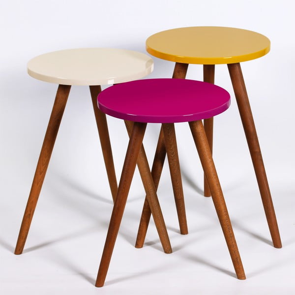3 Kate Louise apaļo sānu galdiņu komplekts (violets, krēmkrāsas, dzeltens)