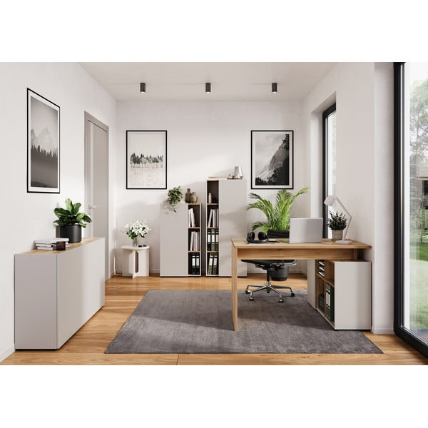 Krēmkrāsas grāmatplaukts ar ozolkoka imitāciju 61x110x34 cm Adrano – Germania-image-1