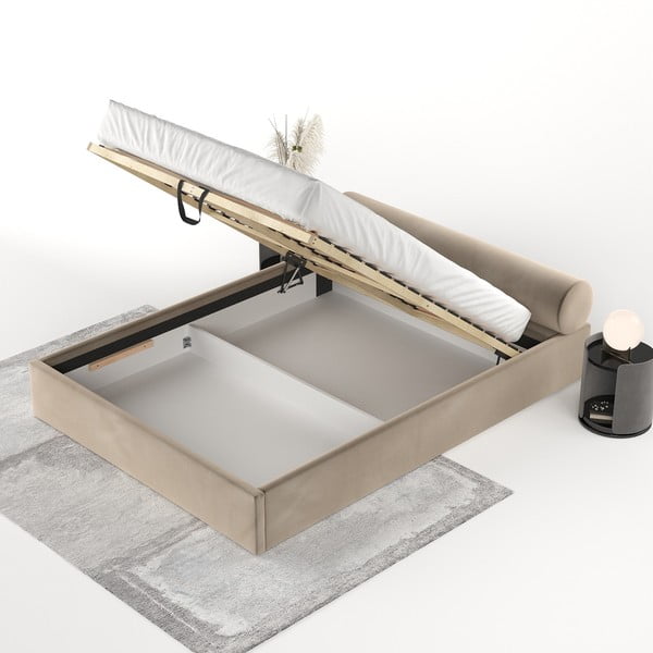 Gaiši brūna polsterēta divvietīga gulta ar veļas kasti un redelēm 160x200 cm Solvo – Maison de Rêve-image-3