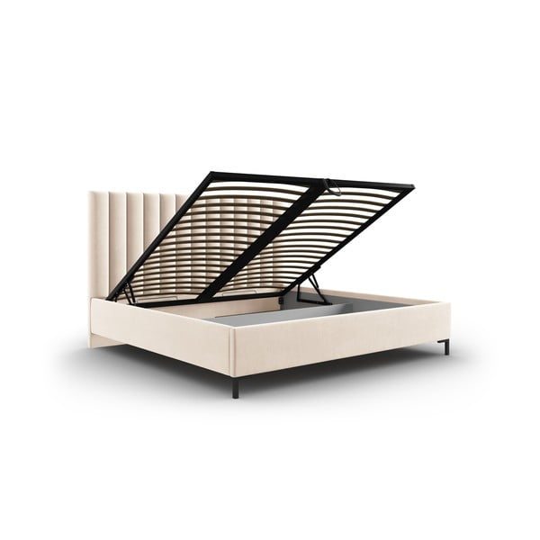 Bēša polsterēta divvietīga gulta ar veļas kasti un redelēm 180x200 cm Casey – Mazzini Beds-image-3