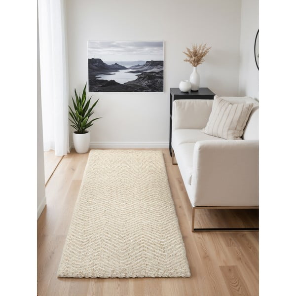 Krēmkrāsas/ziloņkaula krāsas ar rokām darināts celiņa paklājs no vilnas maisījuma 80x200 cm Majoli – Elle Decoration-image-1