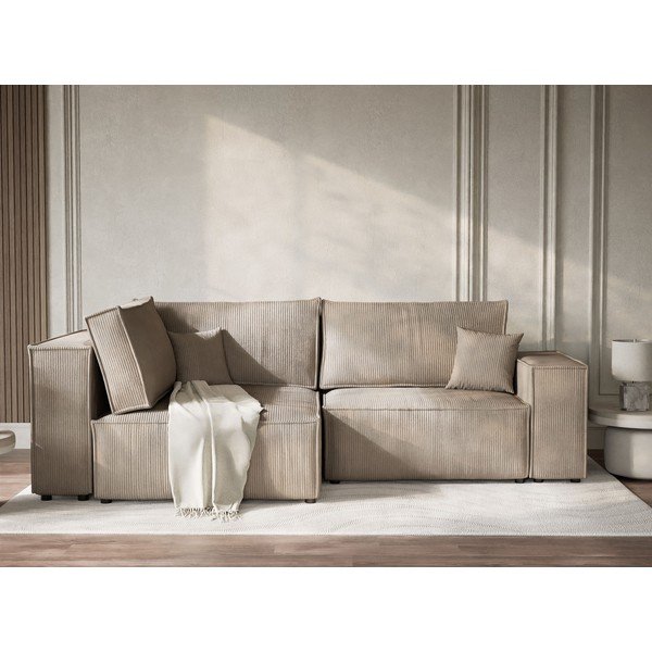 Bēšs velveta salokāms stūra dīvāns ar uzglabāšanas vietu (ar kreiso stūri/L veida) Tonga – Maison de Rêve-image-1