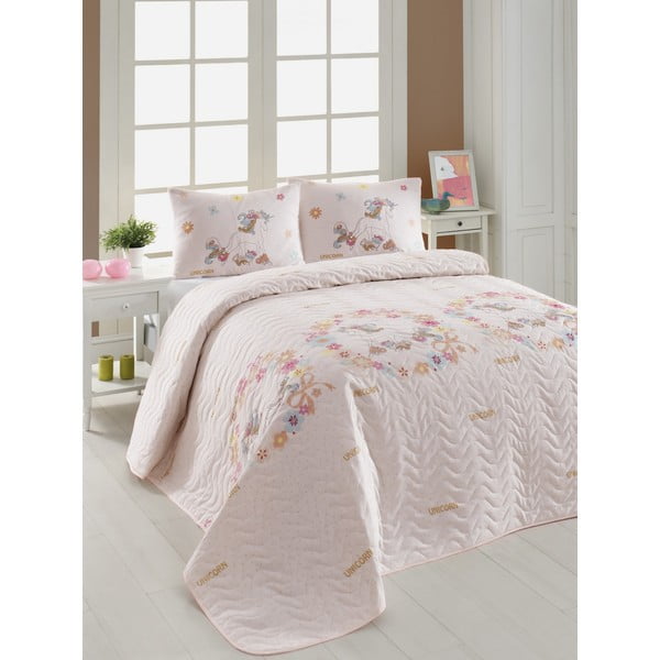 Stepēts gultas pārklājs un 2 spilvendrānas Eponj Home Unicornlar Pink, 200 x 220 cm
