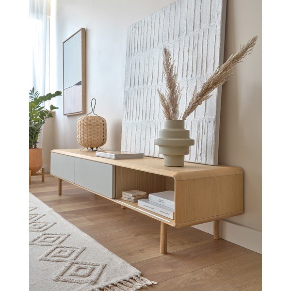 Pelēks/dabīga toņa TV galdiņš ar oškoka imitāciju 180x41x42 cm Anielle – Kave Home-image-4