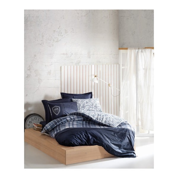 Zila kokvilnas gultasveļa ar palagu vienvietīgai gultai Erb, 140 x 200 cm