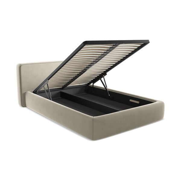 Krēmkrāsas polsterēta divvietīga gulta ar veļas kasti un redelēm 180x200 cm Kiana – Makamii-image-3