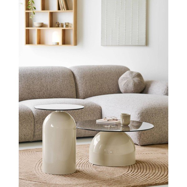 Bēšs apaļš žurnālgaldiņš ar stikla galda virsmu ø 70 cm Ravello – House Nordic-image-1