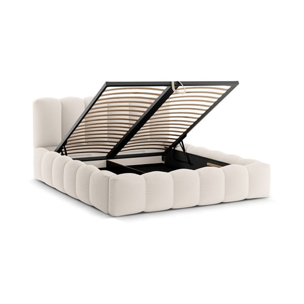 Krēmkrāsas polsterēta divvietīga gulta ar veļas kasti ar redelēm 160x200 cm Lupine – Micadoni -image-2