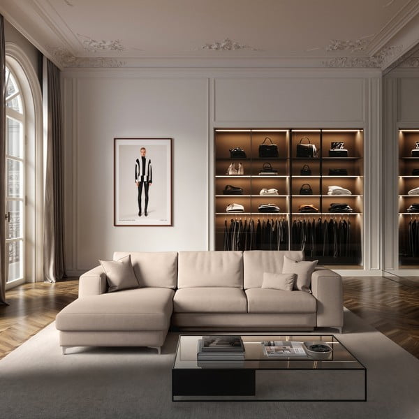 Bēšs samta salokāms stūra dīvāns ar uzglabāšanas vietu (ar kreiso stūri/ar zvilni) Rene – Rodier-image-1